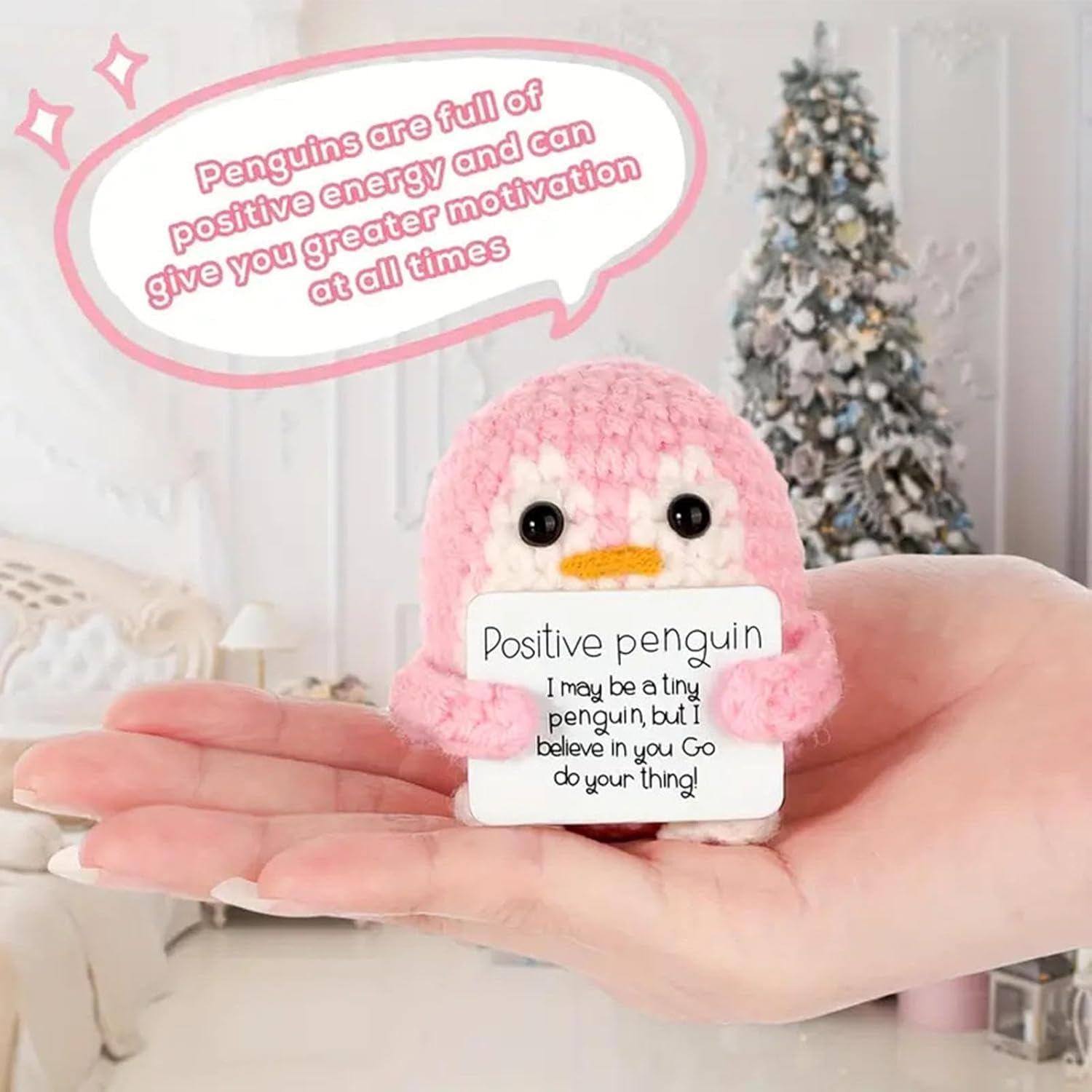 ZIBUYU Handmade Crochet Penguin Desk Decor for Office and Nursery with 2.35 in Size | Cute Motivational Gift Set 3 PCS Pink
