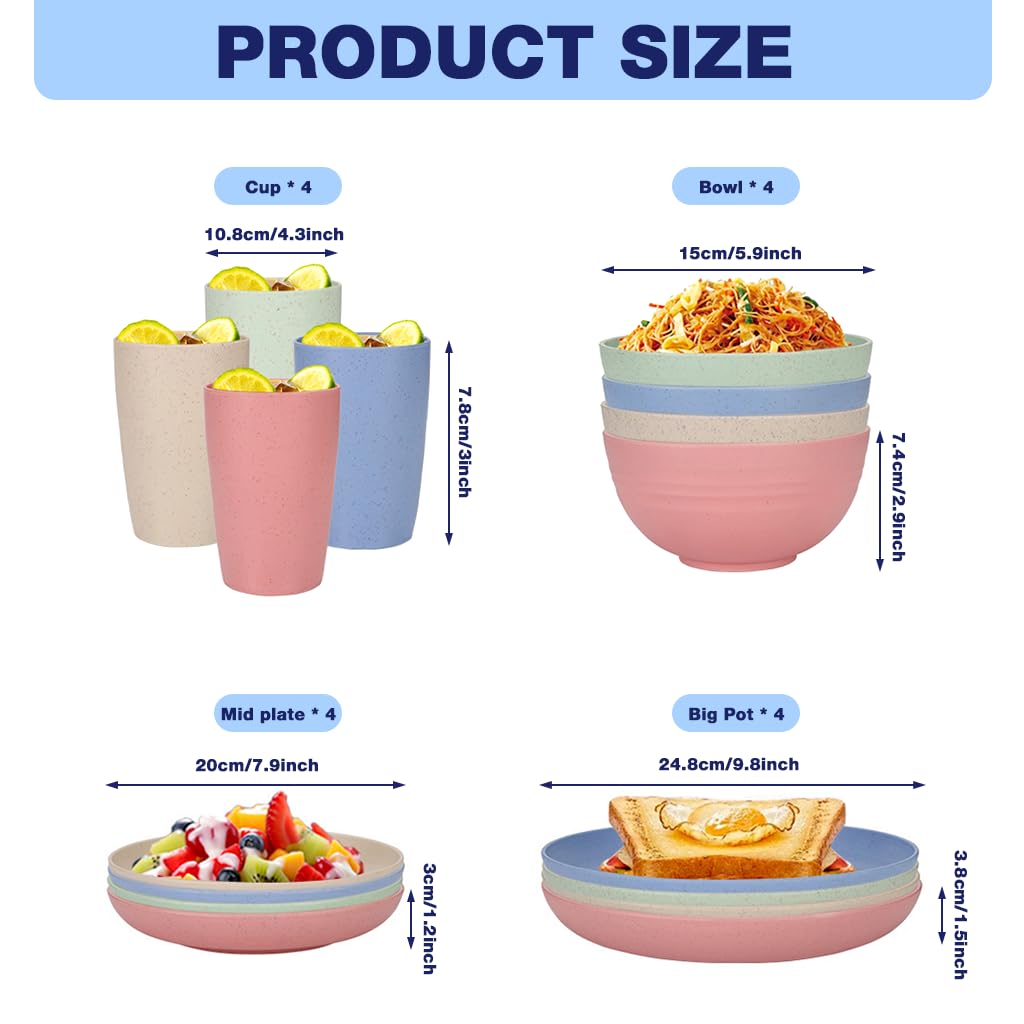 HASTHIP® 16 Piece Wheat Straw Dinnerware Sets of 4, Kitchen Plates and Bowls Sets, Unbreakable Plastic Dish Set for Camping, Dishwasher Microwave Safe