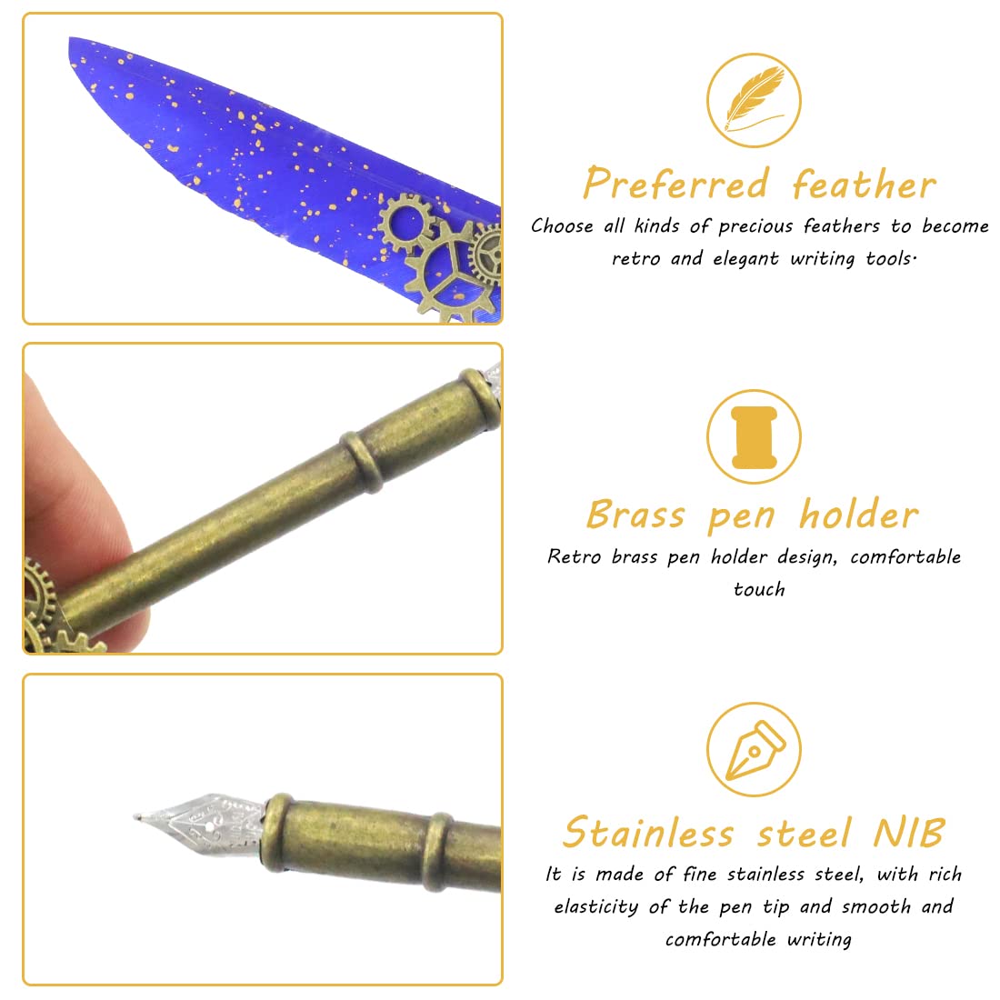 HASTHIP Feather Pen and Blue Ink Set for Calligraphy with 2 Nibs and Gear Design | Vintage Writing Gift