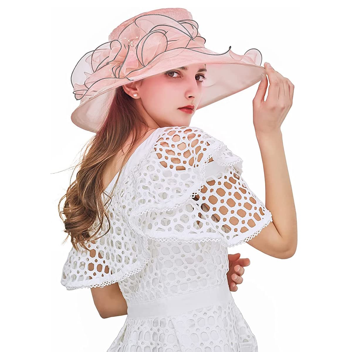 PALAY® Fascinator Hat for Women Organza Ladies Cocktail Tea Party Top Hat Elegant Church Wedding Bridal Flower Hat for Events, Banquet, Travel Wide Brim Sun Hat (Pink)