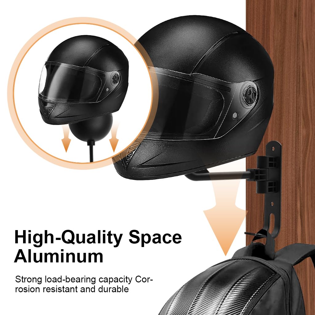 STHIRA Motorcycle Helmet Holder Rack for Wall Mount with 4.73 in Ball and Double Hook | Space Aluminum Rotatable Storage