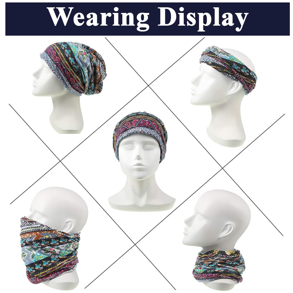 PALAY® Hijab Caps for Women, Floral Print Chemo Cap Slouchy Beanie Cap for Women, Fashion Hip-Hop Skull Dwarf Hats, Boho Soft Running Head Scarves for Teen Girls - All Season Use Blue