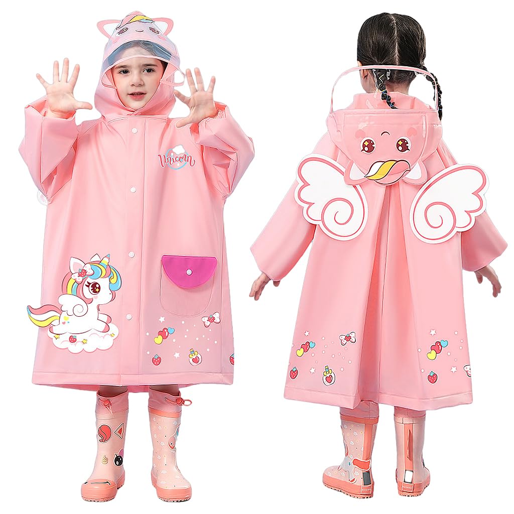 SNOWIE SOFT® Hooded Raincoat for Kids Wide Brim Raincoat for Kids 3-4 Years EVA Student Kids Rain Coat for Girls with School Bag Rain Cover Unicorn Print, Recommended Height 115-125cm, L