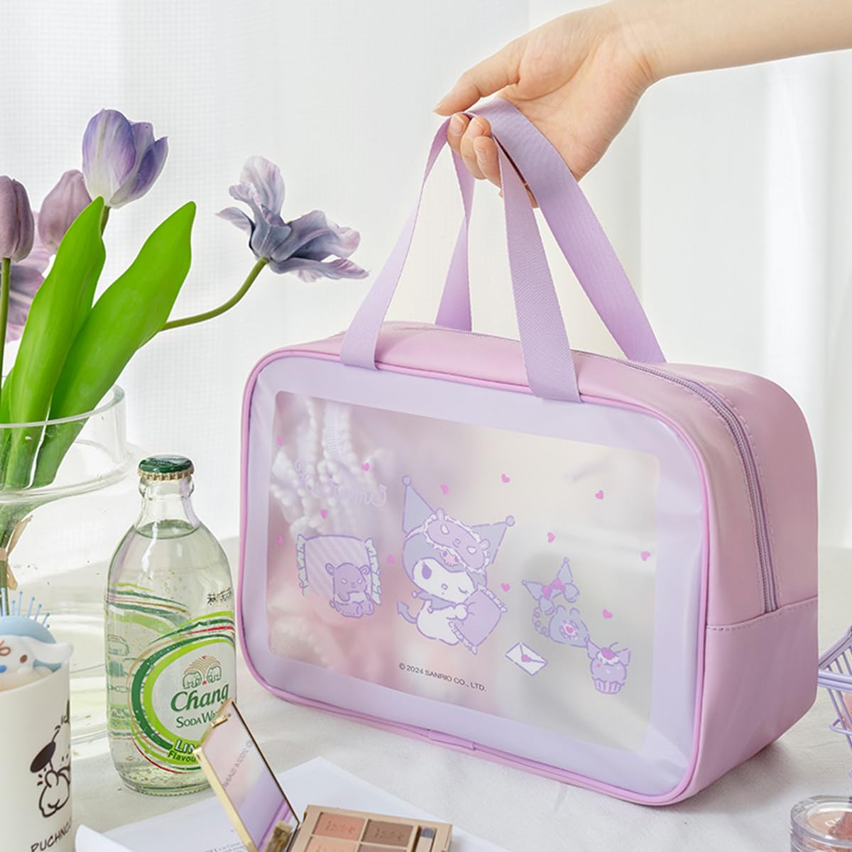 MAYCREATE® Travel Toiletry Bag Cartoon Kuromi Purple Print Toiletry Bag Makeup Organizer Bag Bathroom Shower Caddy Bag PVC Transparent Waterproof Travel Toiletry Zipper Pouch with Handle, 25x16x10cm