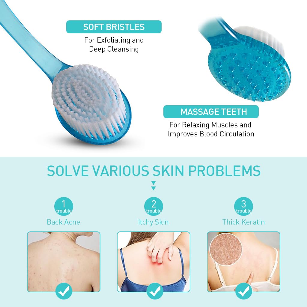 ZIBUYU Body Scrubber for Bathing with 14.3 in Long Handle and Anti Slip Grip | 2PCS Set