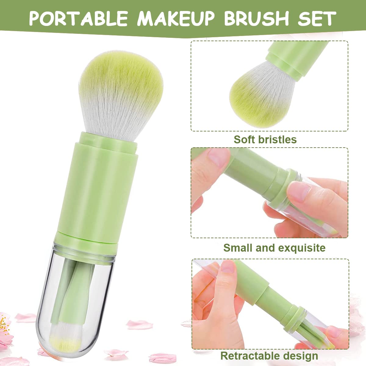 MAYCREATE Makeup Brush Kit for Travel with 4 in1 Retractable Design and ABS Handle | Green