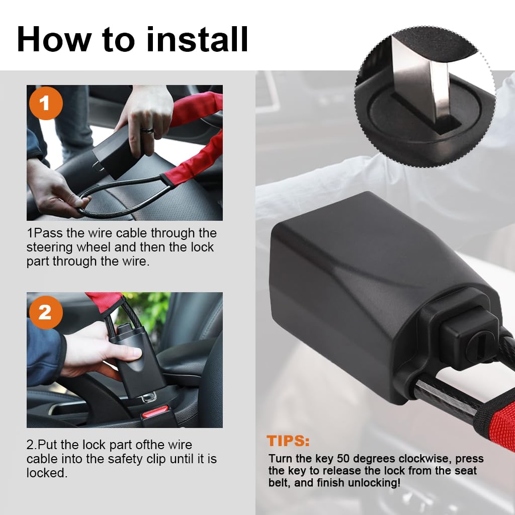 STHIRA Car Steering Wheel Lock for SUV and Truck with Alloy Core and 3 Keys | 2PCS Steel Safety Buckle Attachment