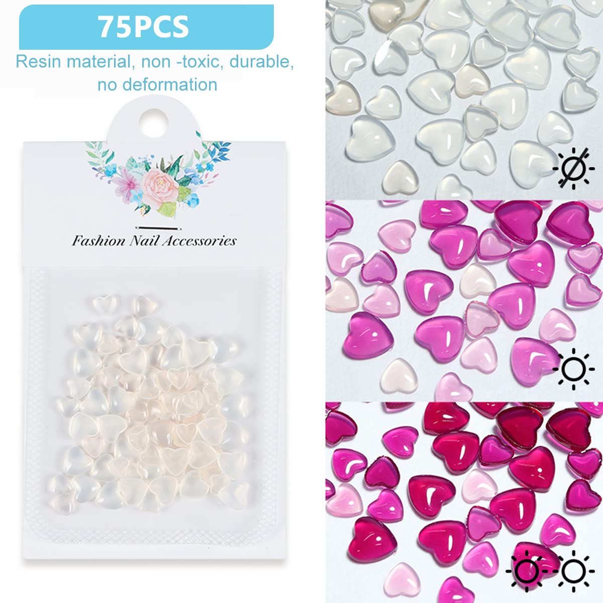 HASTHIP® 225Pcs 3D Resin Peach Heart Nail Love Rhinestone & Nail Art Sticker, 3 Colors Mixed Size After Light Changes Color for Nail Art Decoration