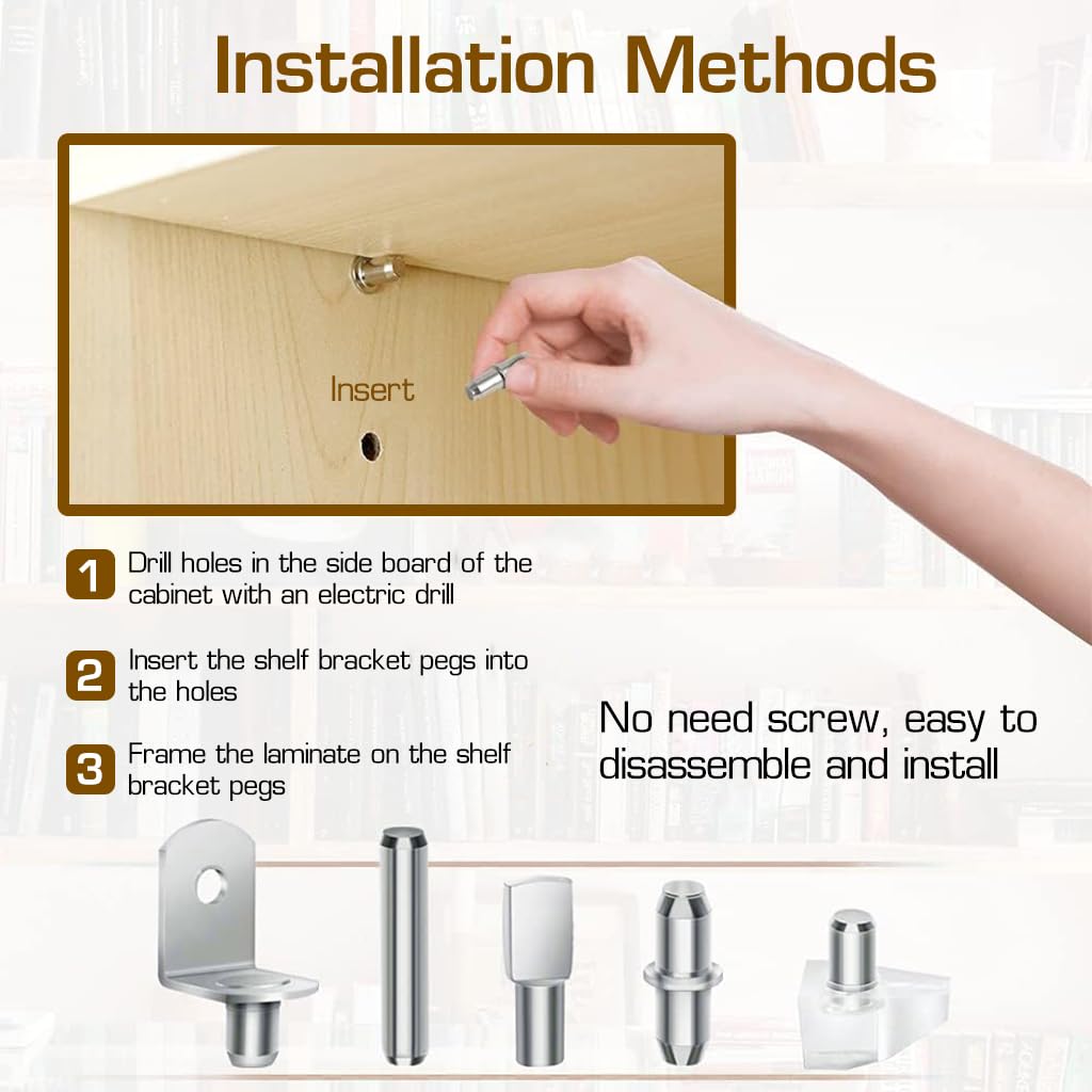 Serplex Shelf Support Kit for Cabinets and Bookshelves featuring 150 Pegs 5mm & 6mm | Nickel-Plated Metal