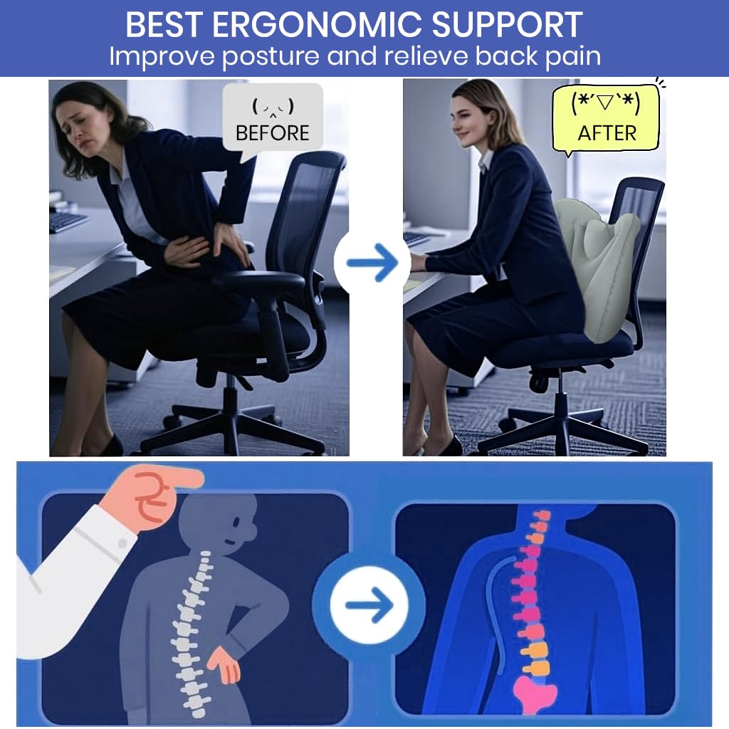 Supvox Travel Lumbar Support Pillow for Office Chair and Car featuring Curved Spine Support | Packable Cushion with Cool Touch Fabric and Storage Bag