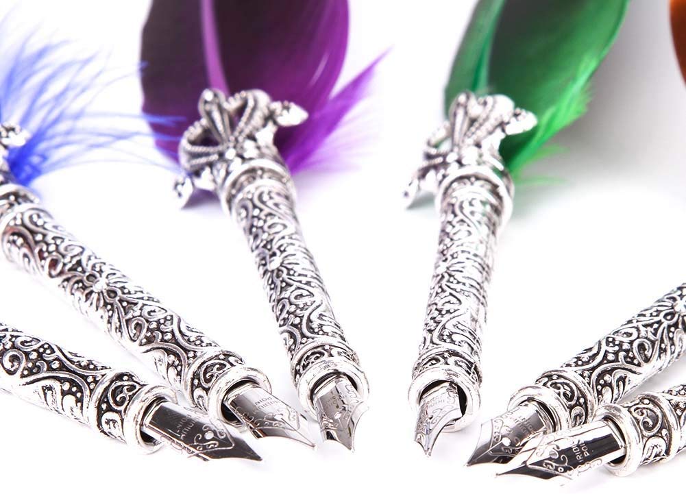 HASTHIP Calligraphy Pen Set for Elegant Writing with 5 Extra Metal Nibs and Purple Feather