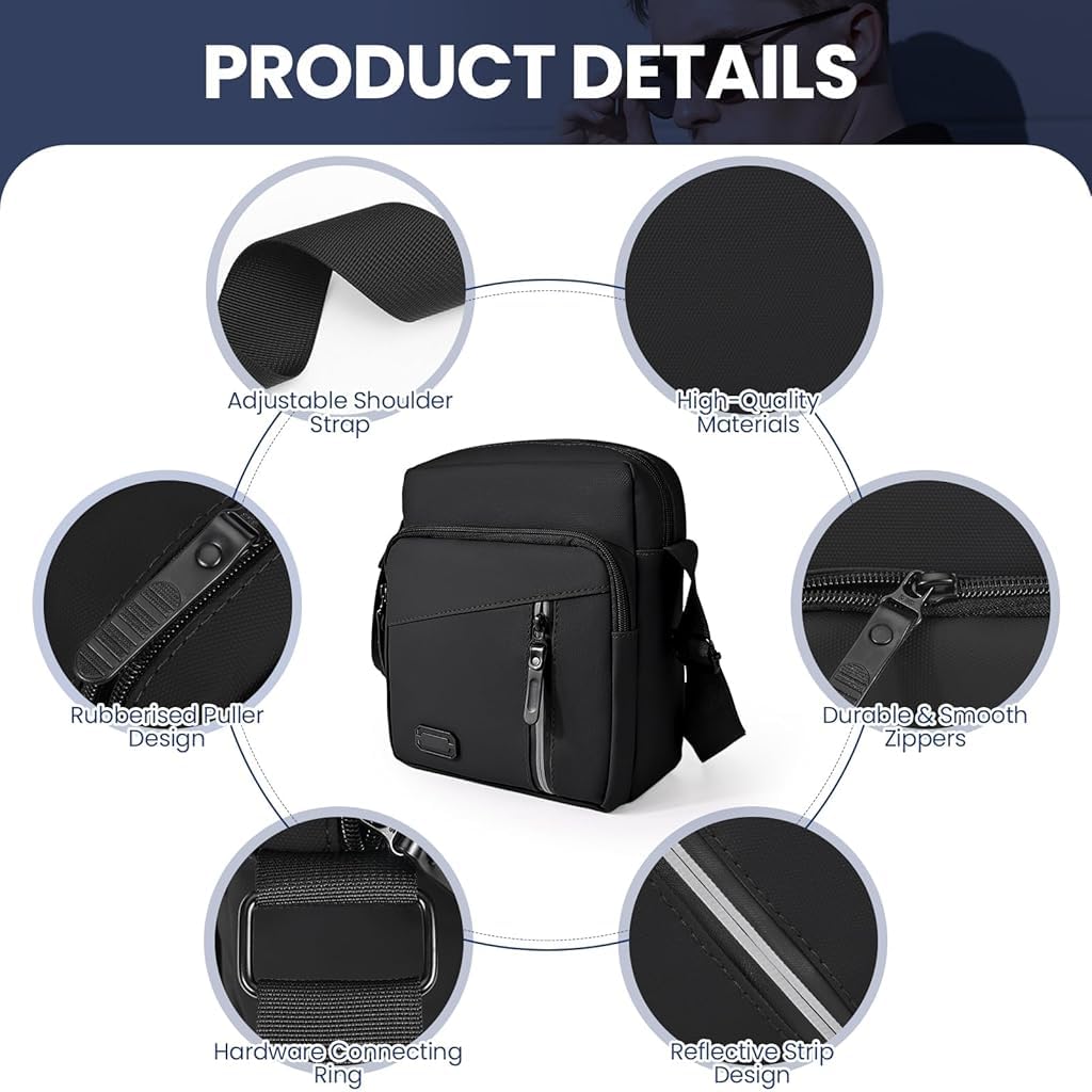 GUSTAVE Sling Bag for Men featuring 21cm x 8cm x 26cm storage with waterproof polyester | Black Crossbody Shoulder Bag