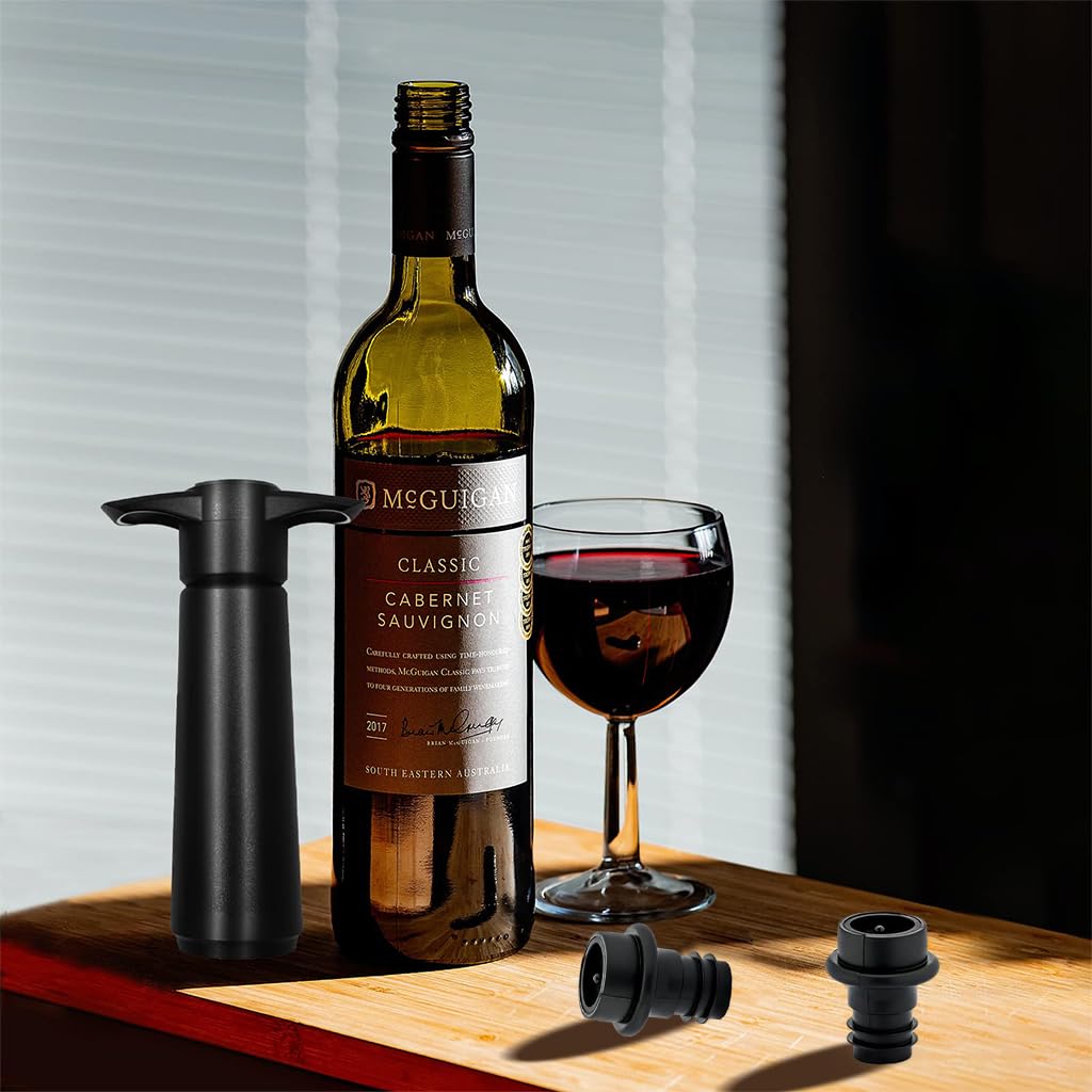 HASTHIP Wine Vacuum Pump with 4 Silica Gel Stoppers for Universal Bottle Sealing | Black