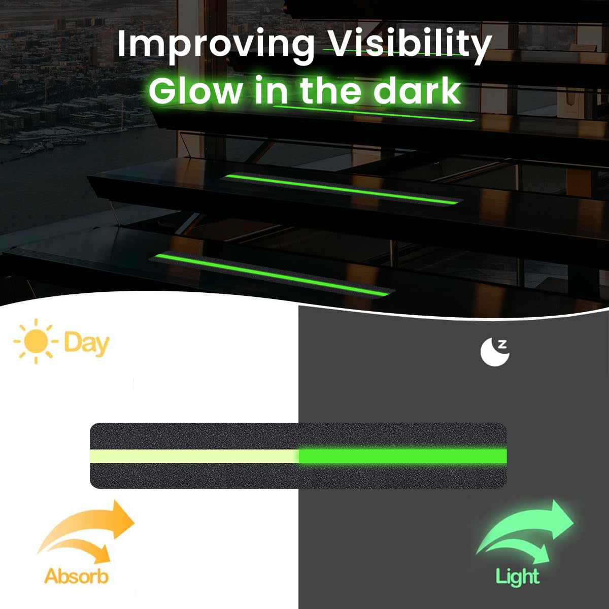 HASTHIP Glow in The Dark Anti Slip Traction Tape for Stairs featuring 10 Pre Cut 2 x 12 in PEVA Strips | Eco Friendly and Residue Free Removal