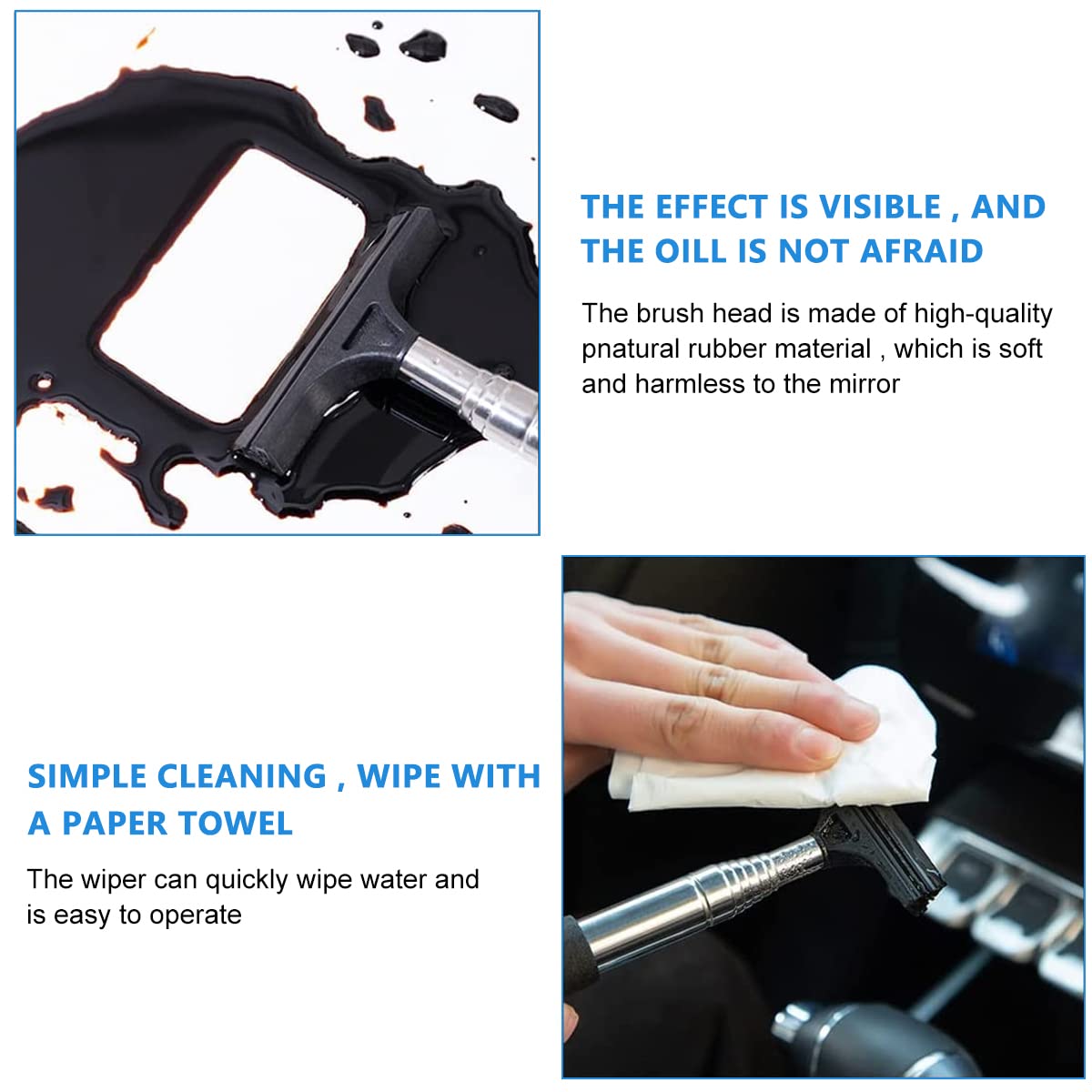 Car Rearview Mirror Wiper for Safe Driving with Retractable 38.6 in Rod and 2.5 in Rubber Head