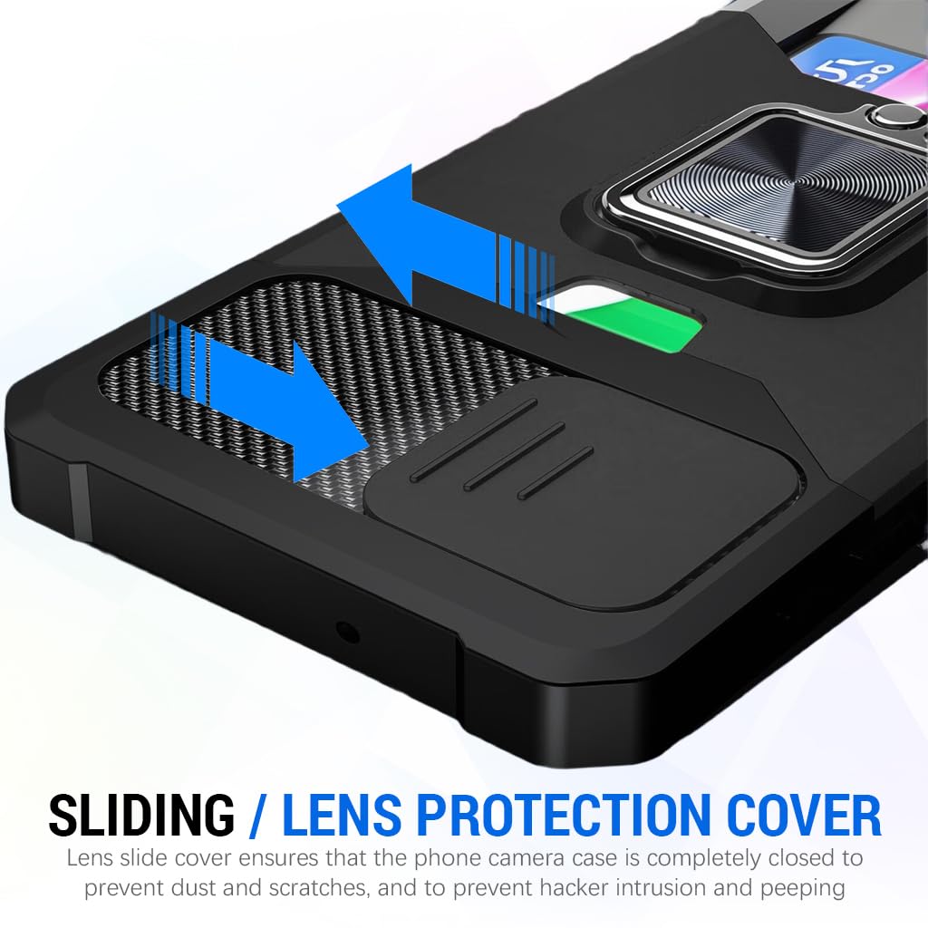 Zibuyu Phone Case for Samsung Galaxy A56 with 360° Ring Holder and Sliding Camera Cover | Black TPU Bumper Protective Cover with Card Slot