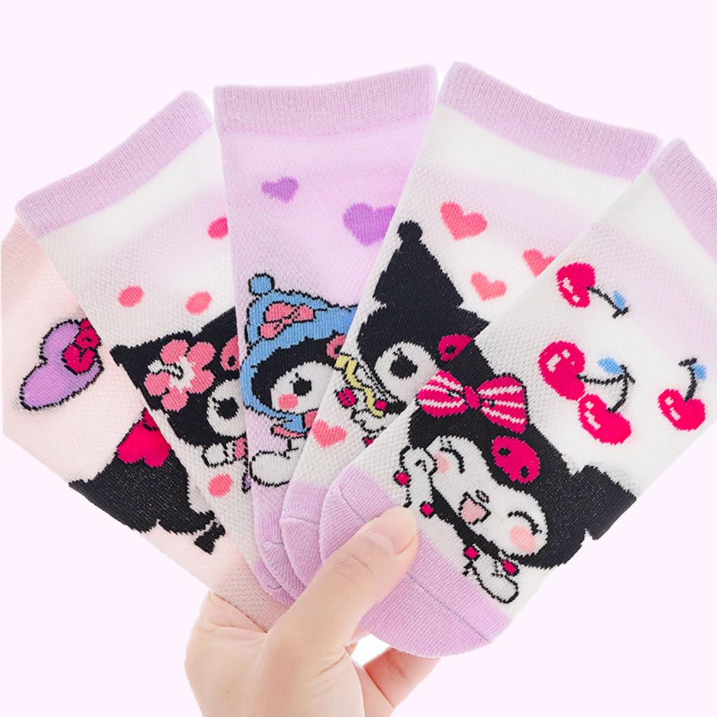 SNOWIE SOFT Kids Socks with Kuromi Cartoon Design Cotton Mesh 5 Pairs for 5–8 Years