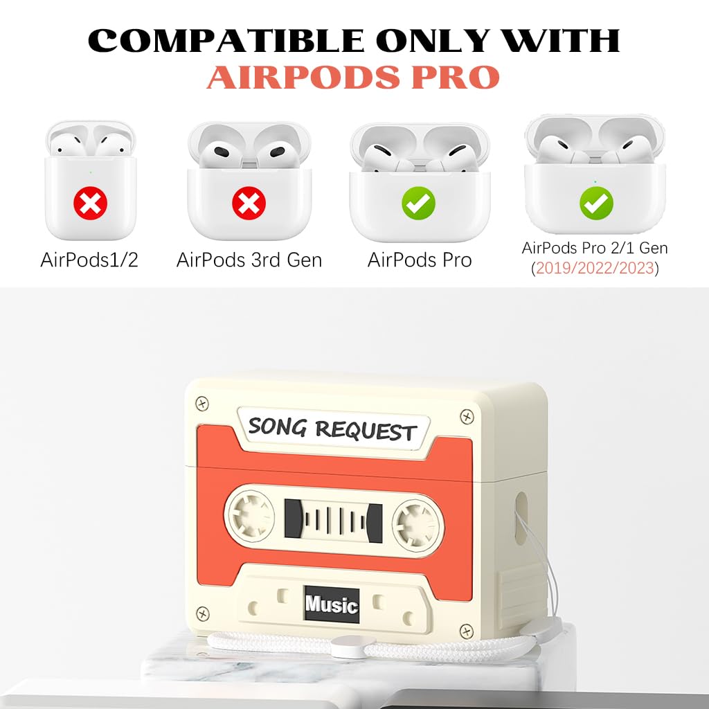 ZORBES Silicone AirPods Pro 2 Case with Lanyard featuring Vintage Cassette Tape Style | Full 360° Anti‑Scratch Protection