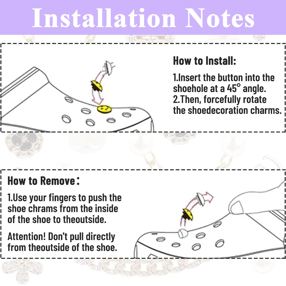 HASTHIP Shoe Charms for Clogs with 12 Zinc Alloy Pieces and Pearl Chain Designs | Women DIY Accessories