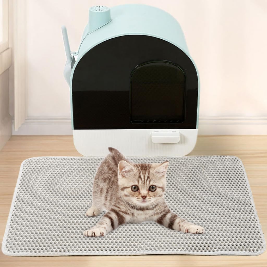 Qpets® Cat Litter Mat, 23.6 by 35.4 inches Litter Mat Honeycomb Hole Double Layer Open Edge Design, Reuseable & Washable EVA Cat Litter Catcher for Litter Box Cat Litter Tray (Grey)