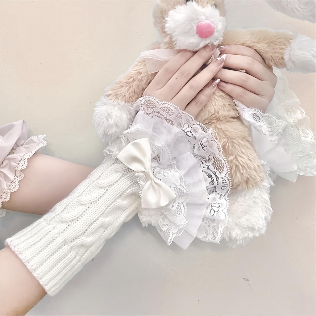 SANNIDHI Lolita Gloves Arm Warmers featuring Lace Trim and Cute Bow Design for Women Girls