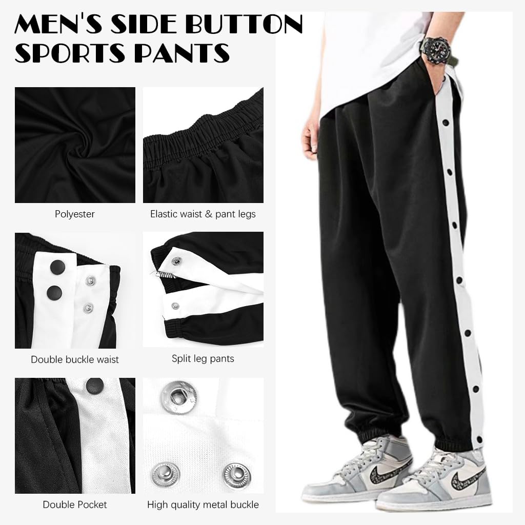 GUSTAVE® Men's Trousers Sport Pants Casual Trousers Side Button-up Design Summer Fashion Breathable Men Trousers Elastic Waist Men's Casual Sport Trousers, XXL, Black