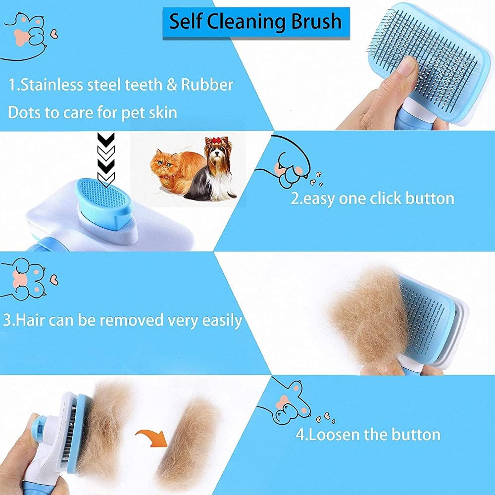 Qpets® Cat Dog Comb, 2 In 1 Dog Brush Self Cleaning Slicker Grooming Brush Pet Massage Comb Hair Removal Brush, Washable 140° Comb Teeth for Quick Removal of Floating Hair Cat Dog Hair Remover Brush