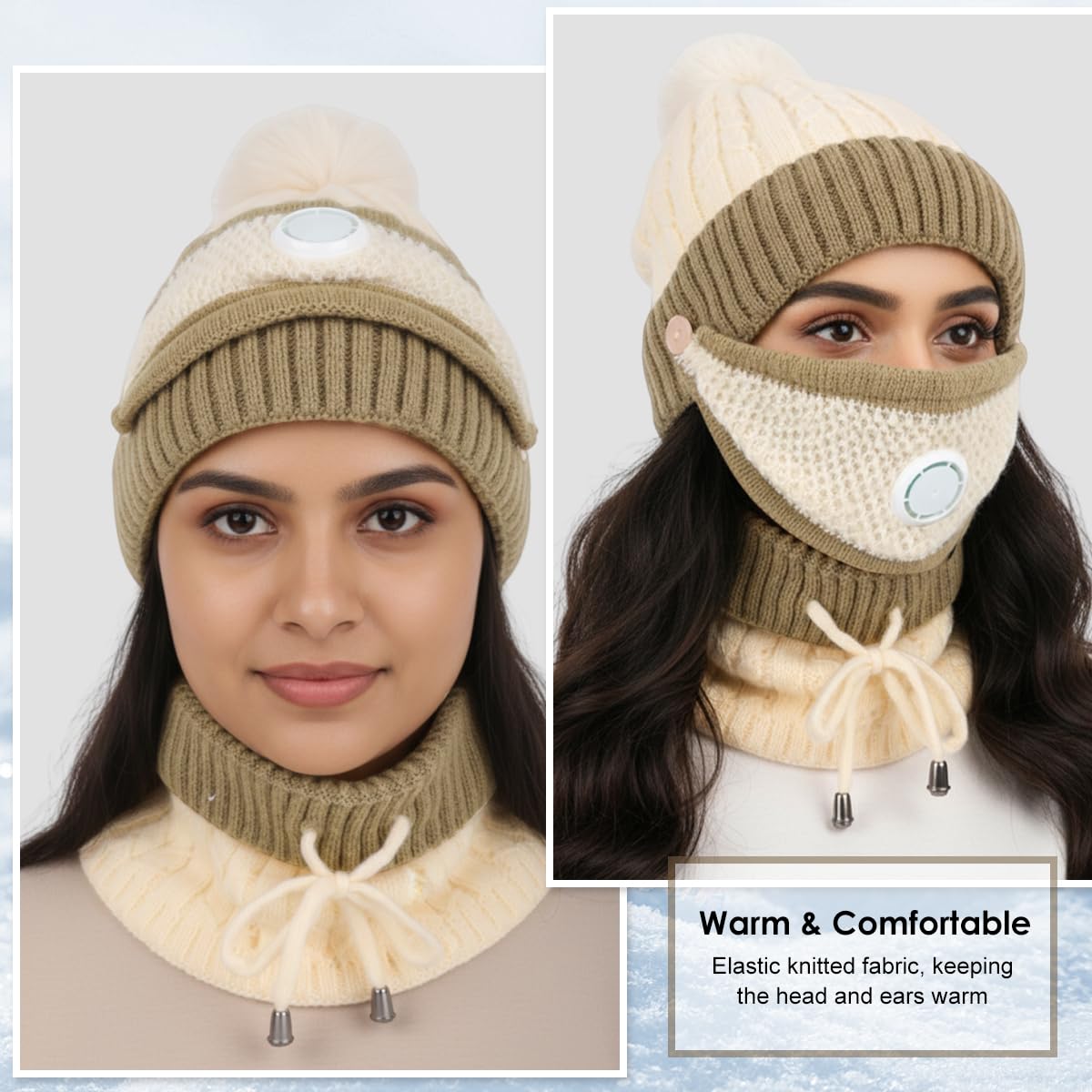 SANNIDHI Winter Cap for Women with Detachable Face Mask and Adjustable Neck Gaiter | Beige