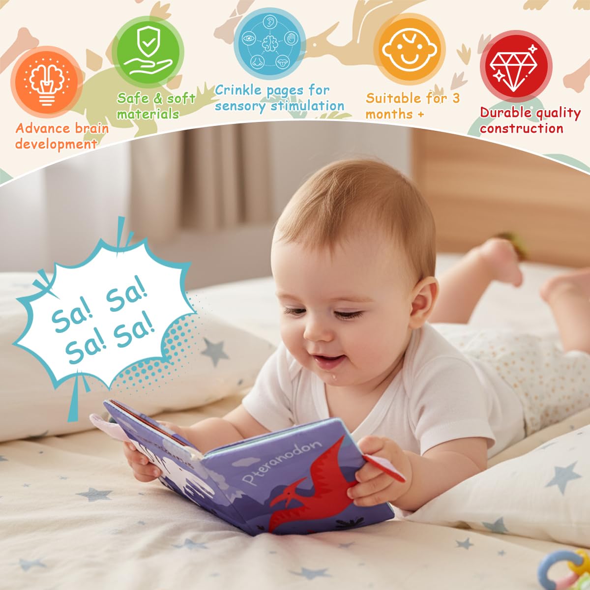 SNOWIE SOFT 3D Dinosaur Cloth Book for Babies 0 to 3 Years with Crinkle Sounds & Mirror | Washable Sensory Toy