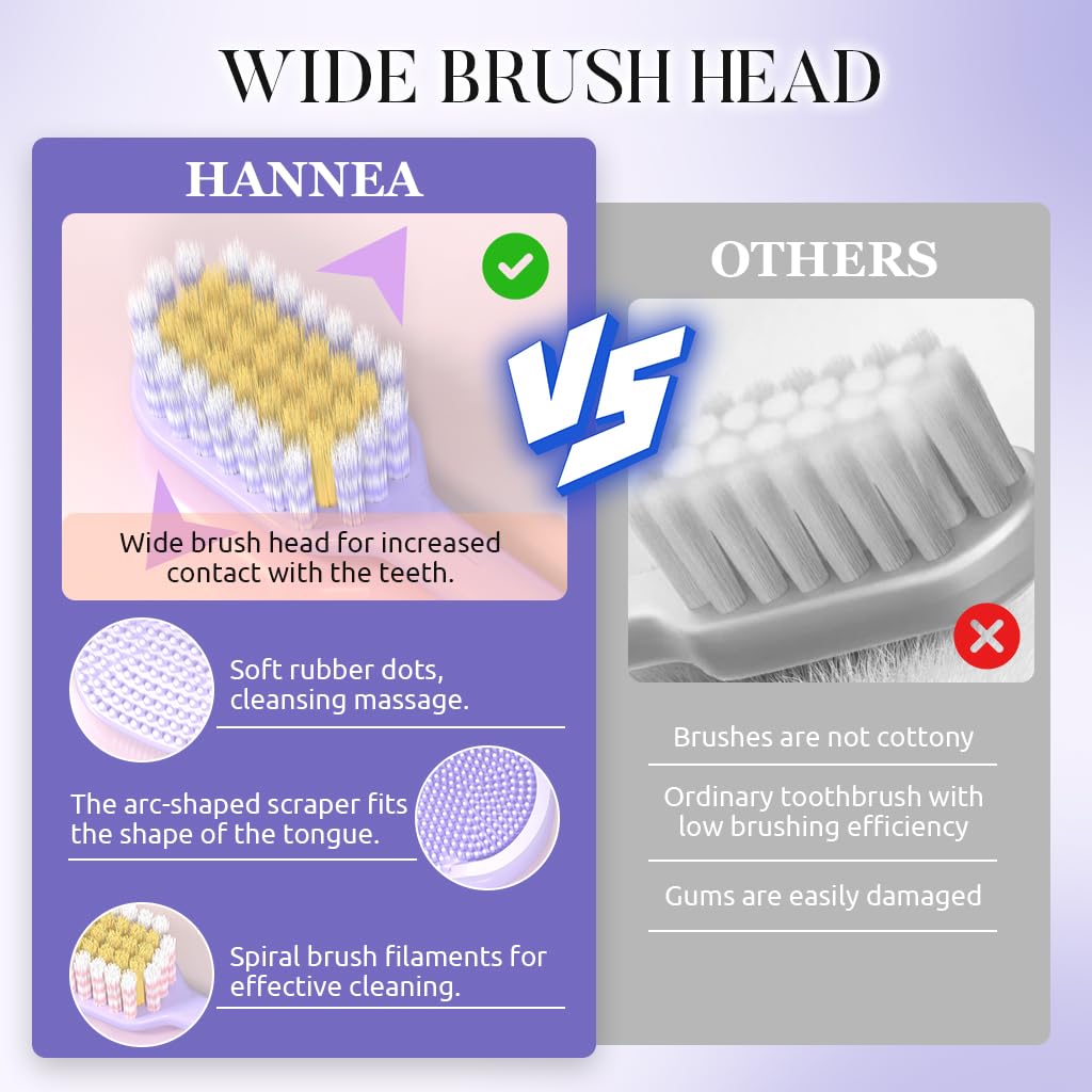 HANNEA Toothbrush Set 4 PCS for Adults with Ultra Soft 0.18mm Bristles and 3 In 1 Tongue & Face Cleaner