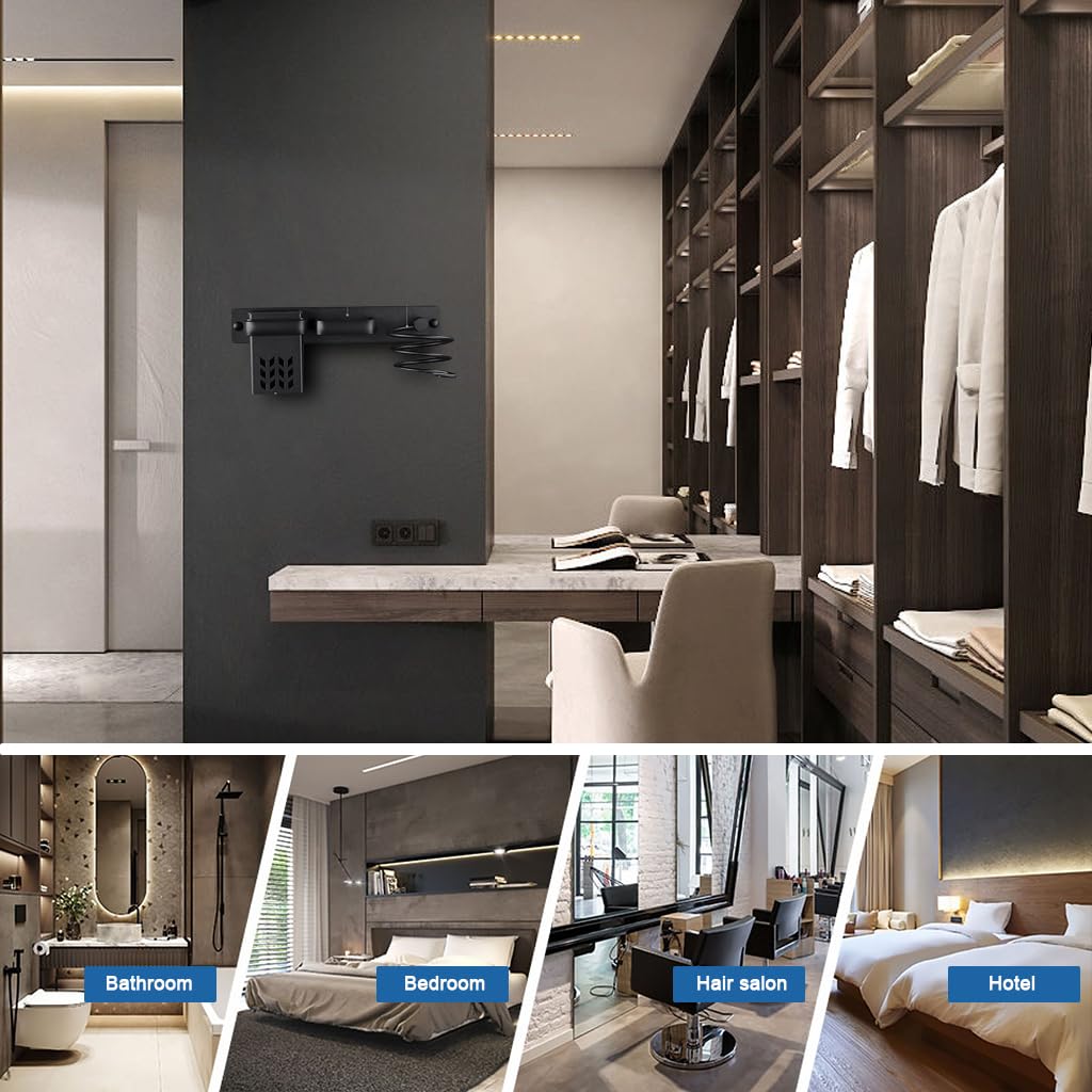 HASTHIP Hair Dryer Stand for Wall with 3 in 1 Storage Basket and Plug Hook | Black Aluminum Organizer