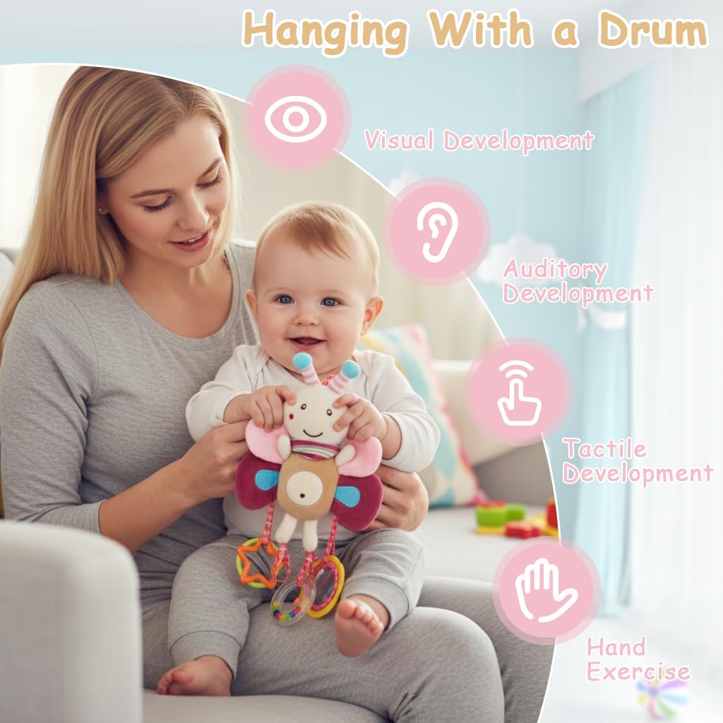 SNOWIE SOFT Baby Hanging Plush Crib Toy with Mirror and Rattles for Infant Sensory Play