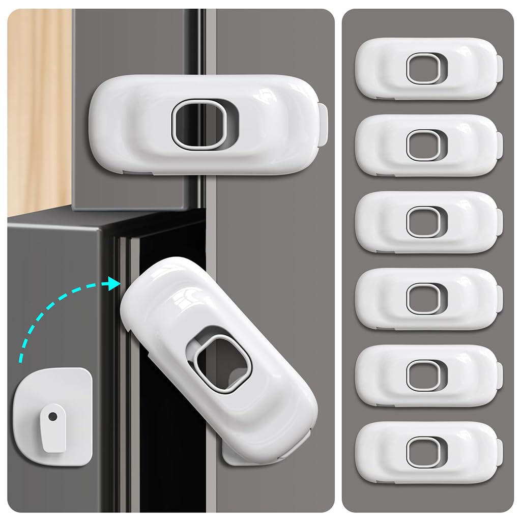 SNOWIE SOFT® 6Pcs Child Safety Lock Cabinet Fridge Locks Child Proof Cabinet Locks Refrigerator Locks Strong Adhesive Backing Child Safety Lock for Drawer, Cabinet, Fridge, Sliding Windows