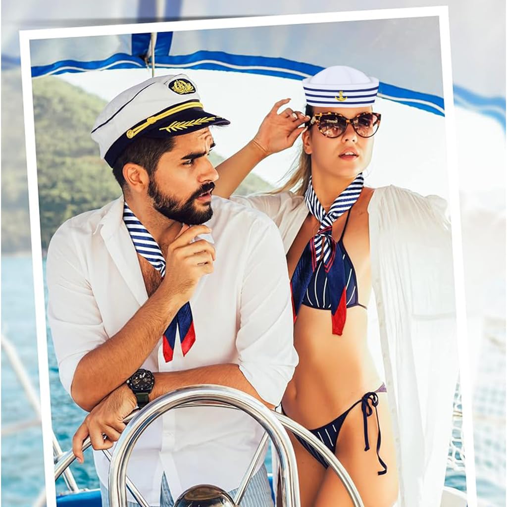 PATPAT Sailor Hat and Scarf Set for Theme Parties with 58cm Cap Fit | Blue White Nautical Style