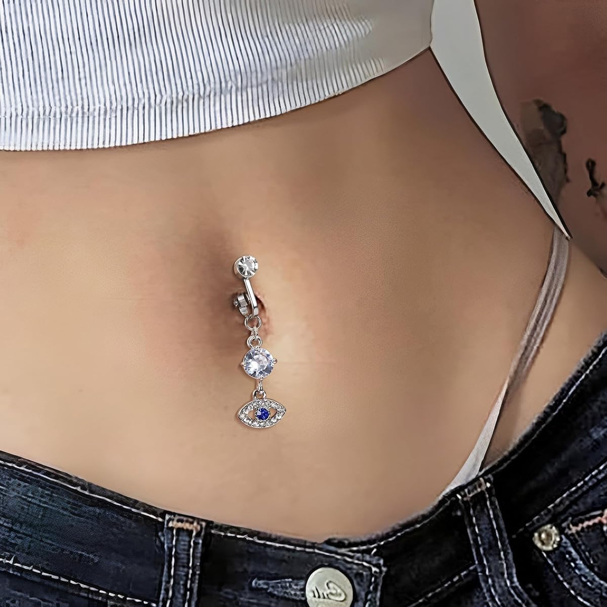 Venzina Fake Belly Piercing Jewelry for Women featuring Evil Eye Pendant and Rhinestones
