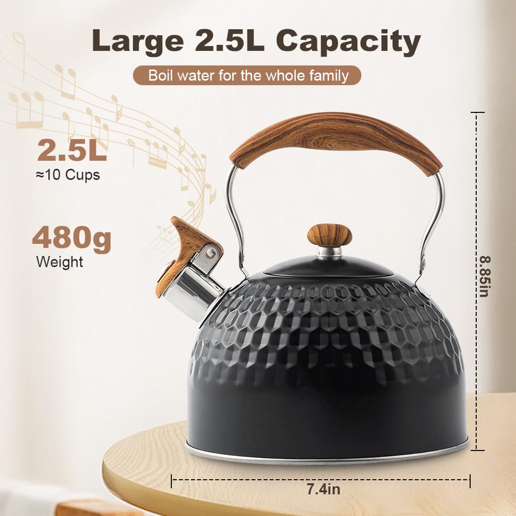 Supvox Tea Kettle for Stove and Camping with 2.5L Capacity Featuring Whistle and Anti Scald Handle