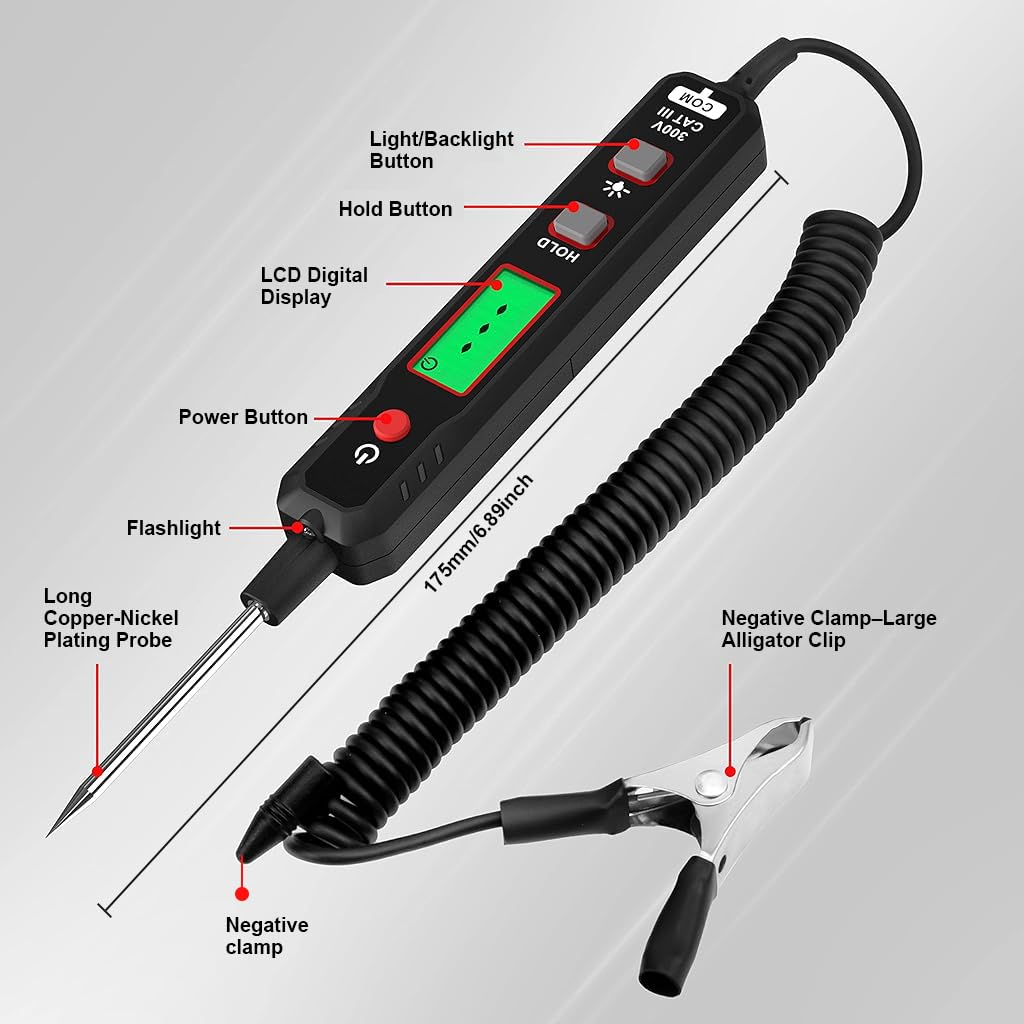 STHIRA® Vehicle Circuit Tester 0.8V-100V DC Voltage Tester with LCD Backlight Display Digital Circuit Tester Voltage Tester Resistance Tester Accurate Digital Auto Circuit Tester for Vehicle