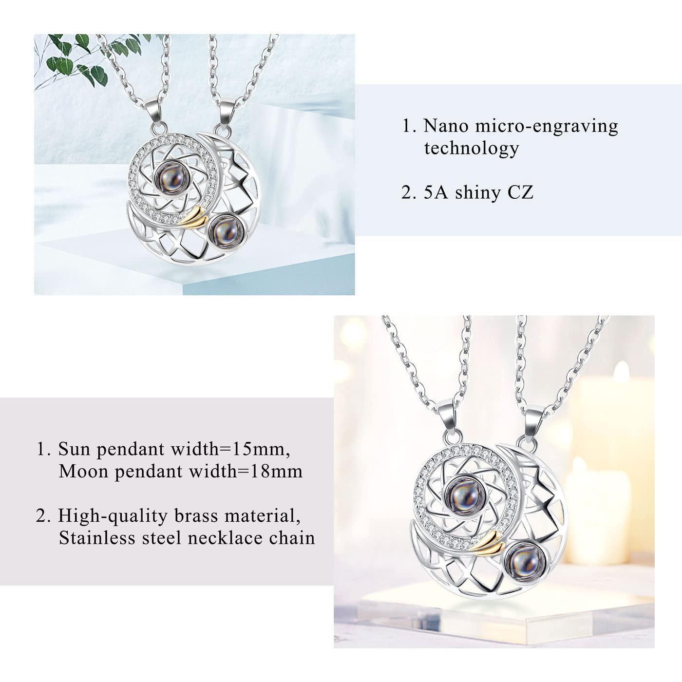 ZIBUYU Necklace for Couples Chain Friendship Pendant for Girlfriend & Boyfriend Shining Sun & Moon Design Rhinestone Magnetic Necklace Gift for Valentine & Anniversary - 2 Pcs