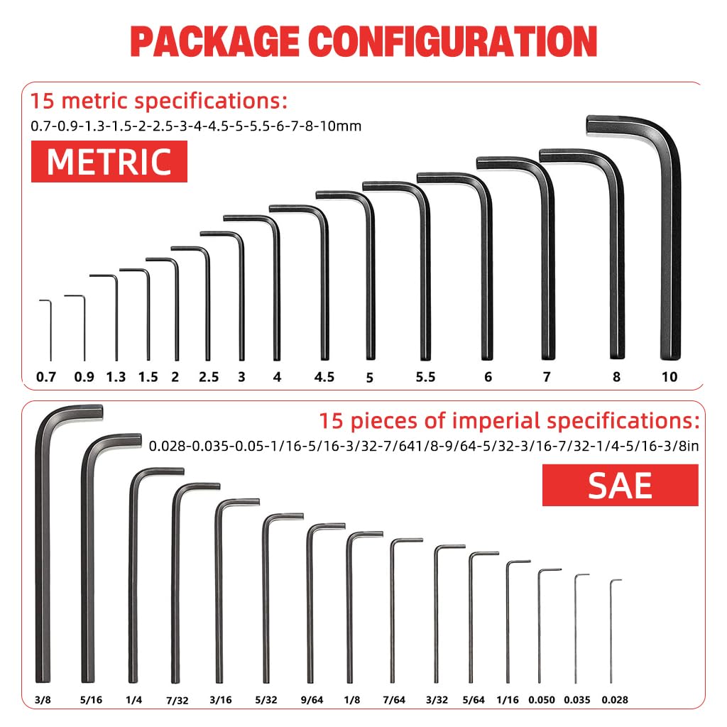 Serplex Hex Key Allen Wrench Set for Repair and Assembly with 30 pcs Metric and SAE | L Shape Chrome Vanadium Steel