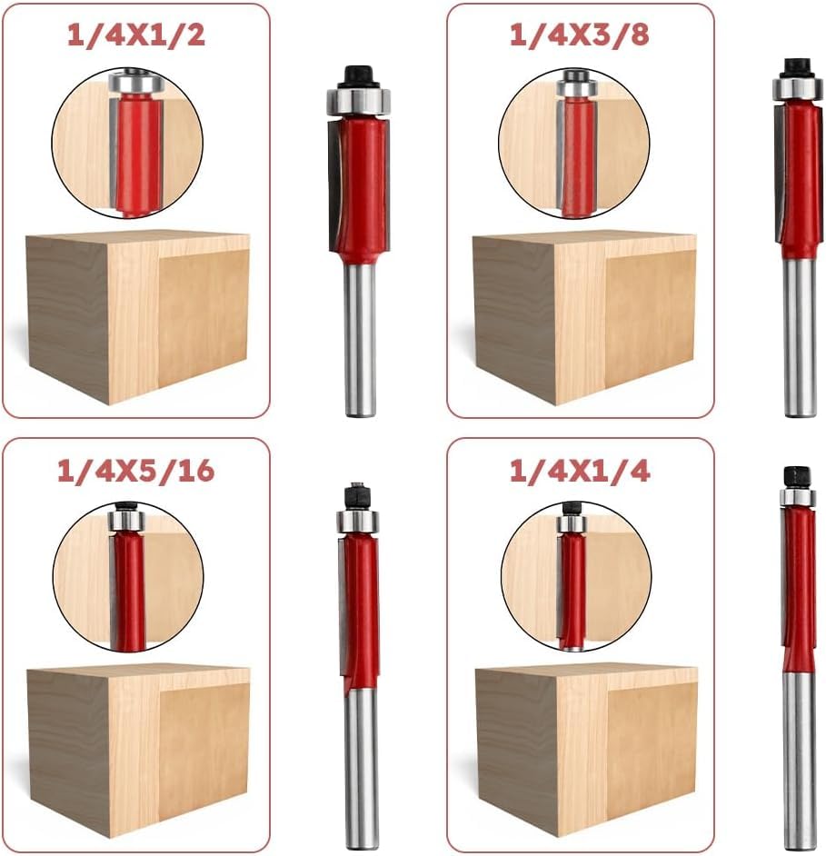 Serplex® 8PCS Flush Trim Router Bit Set Professional 1/4 Inch Shank Top Bearing Hard Alloy Cut Cutter for Woodworking Embedding Edging Milling