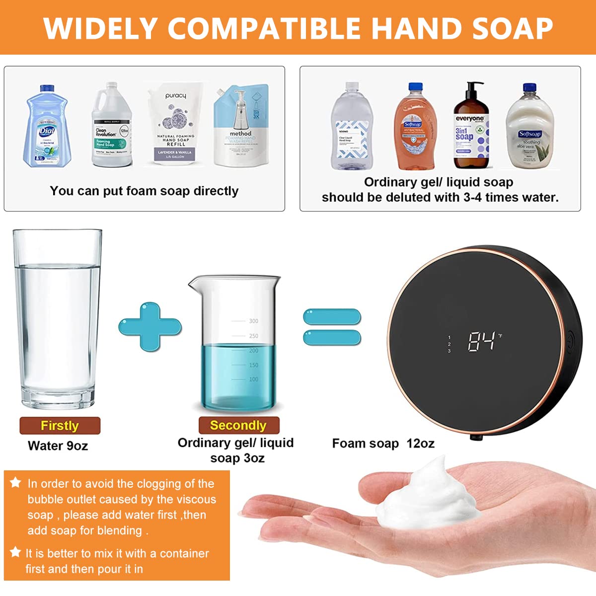 Supvox® Auto Soap Dispenser LCD Soap Foamer Dispenser Adjustable Time No-Touch Wall Soap Foam Dispenser 280ml Hand Wash Soap Foamer Handwash Dispenser for Kitchen Bathroom Office Public Area