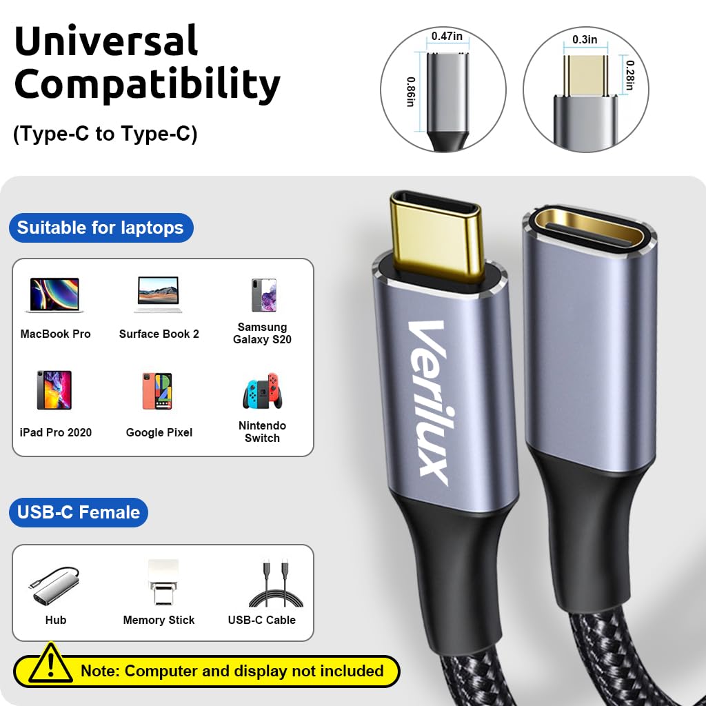 Verilux USB C Extension Cable 3.3ft with 100W PD 10Gbps & Smart Chip | 4K Video Output