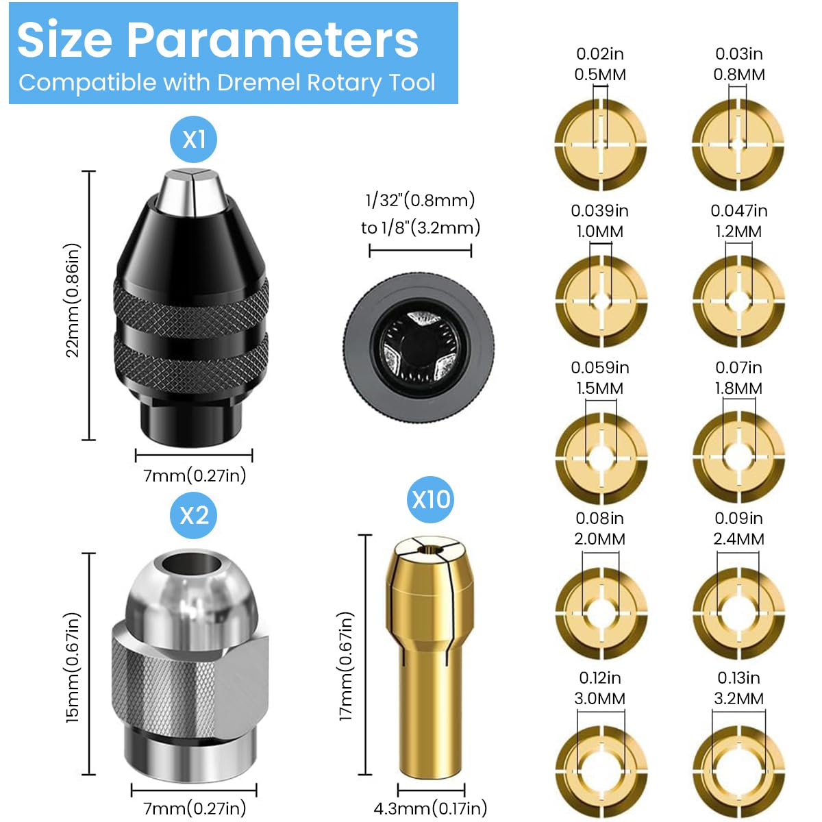 Serplex® Drill Chuck Collet Set for Dremel, 15Pcs Chuck Collet Kit, 0.8-3.2mm Shank Replacement 4486 Rotary Tool Keyless Quick Change Chuck Accessory with Replacement 4485 Brass Collet Metal Nut