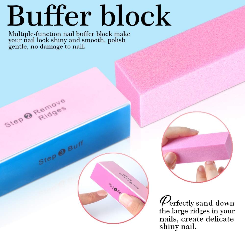 MAYCREATE Nail Files Set for Home and Salon Use with 3 Double Sided 100/180 Grit Tools | Includes 4 Step Buffer Block and Mini Nail Brush