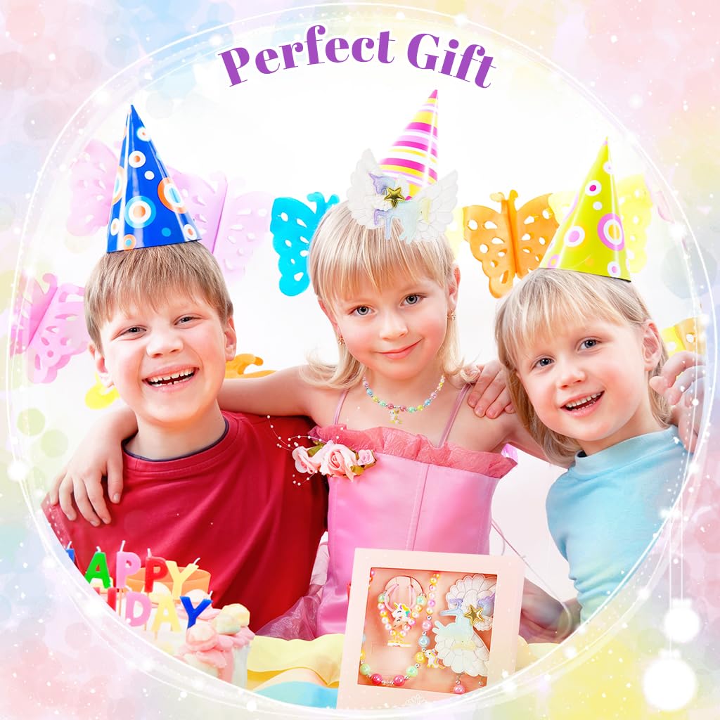 MAYCREATE Unicorn Kids Jewellery Set for Girls with Beaded Necklace and Bracelet | 8 Pcs Gift Kit