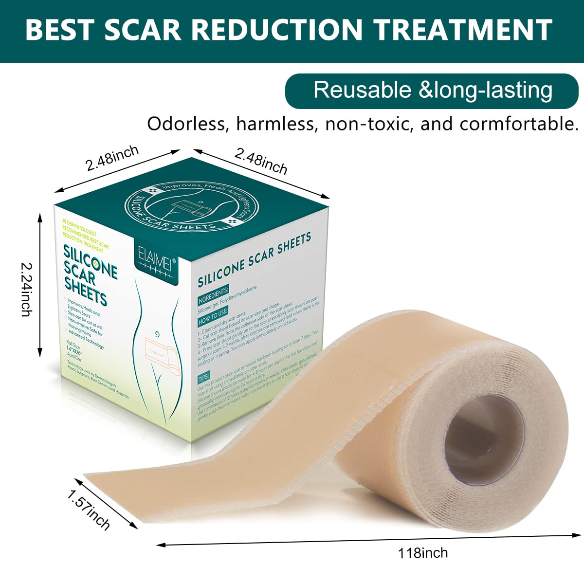 ZIBUYU Silicone Scar Tape for Surgery and C Section Scars 1.6x118 in Roll | Easy Tear Medical Grade