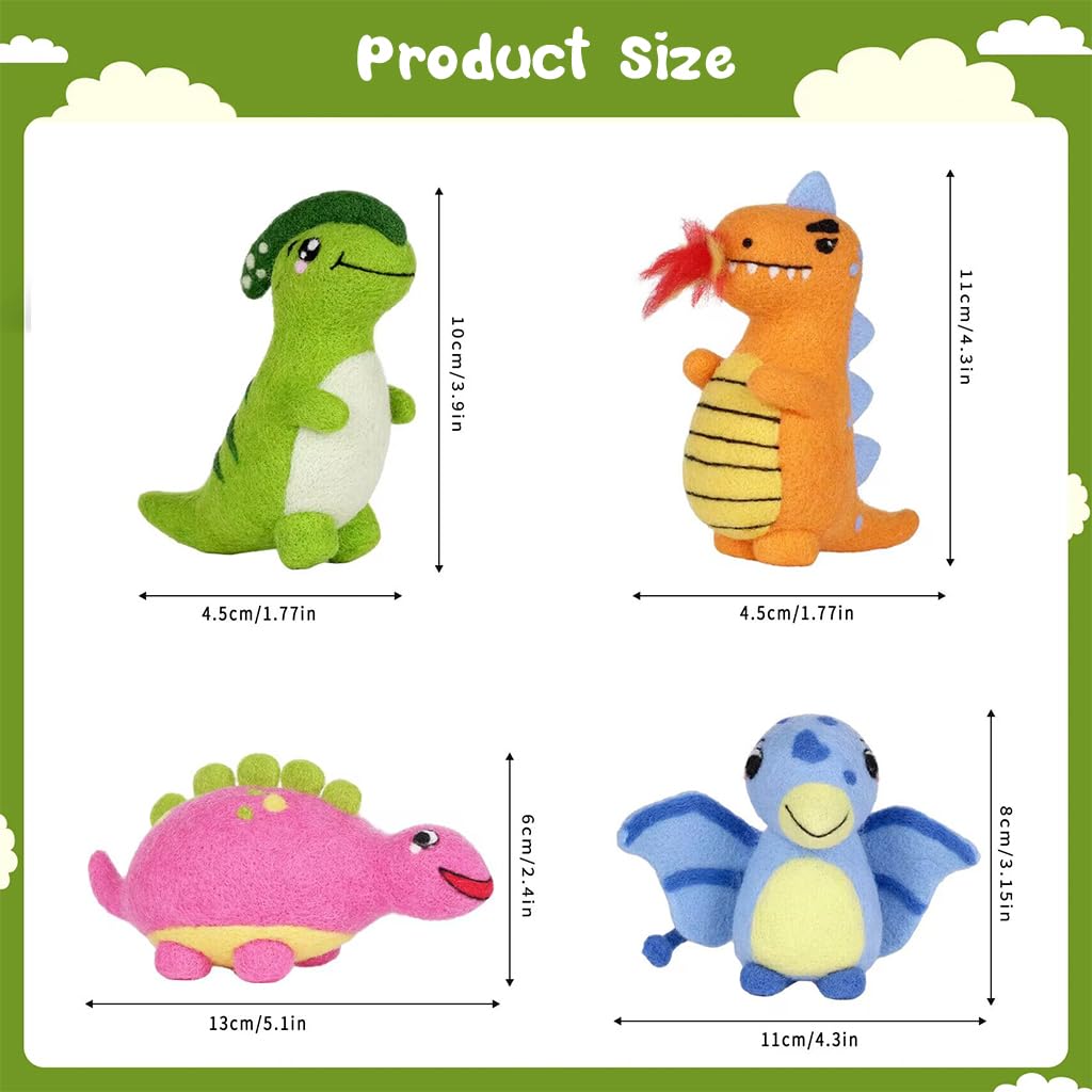 PATPAT® DIY Needle Felting Kit 4Pcs Cartoon Dinosaur Needle Felting Kit Color Wool Needle Felting Kit with Tools DIY Crafting Kit for Kids Adults DIY Children's Day Gift