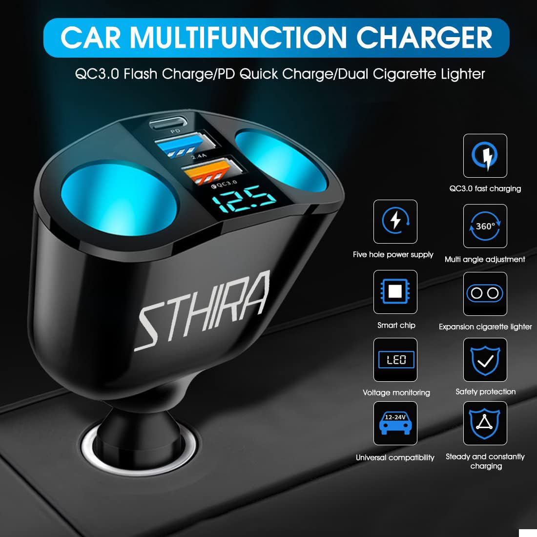 STHIRA Cigarette Lighter Splitter for Car with PD Port and QC3.0 USB | 120W Dual Socket Adapter with LED Voltage Display
