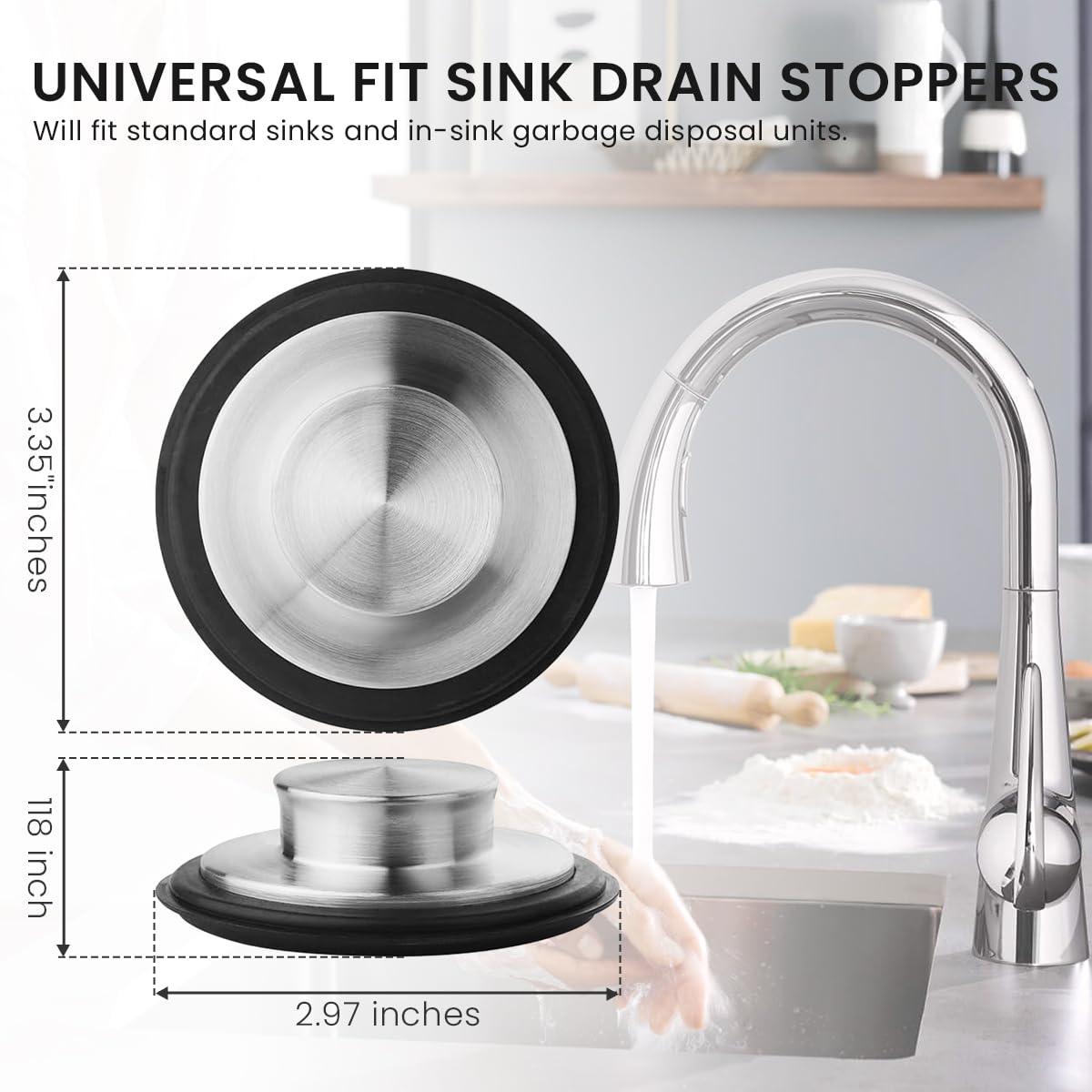 Supvox® Universal Kitchen Sink Drain Stopper (2Pcs), 3.34'' Stainless Steel Plug with Rubber Seal, Fits 3.15'' Drains, Rust-Resistant, Odor-Blocking, for Soaking/Washing