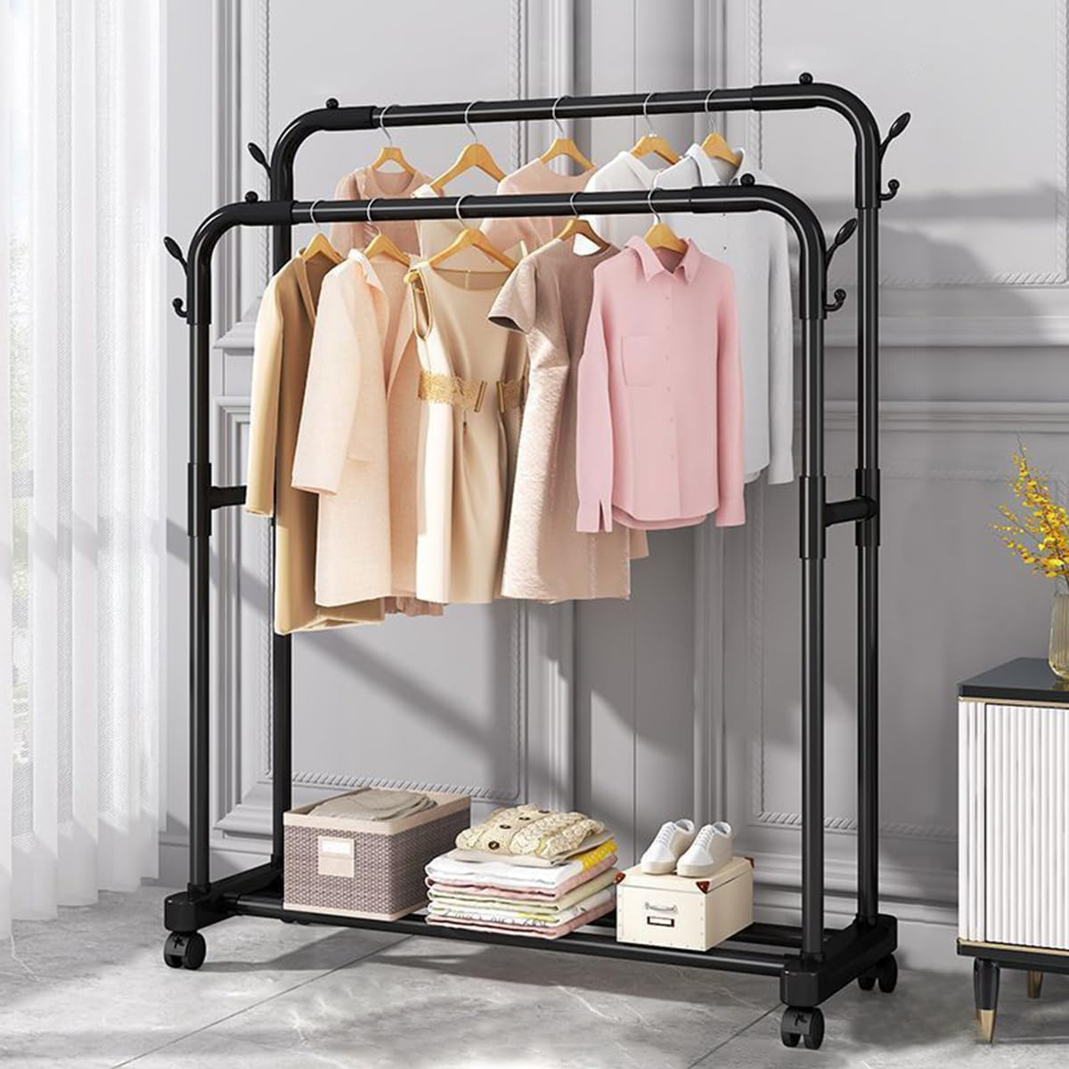 HASTHIP Garment Organizer Rack for Bedroom with Double Layer Metal Frame and Wheels | Includes Utility Shoe Storage
